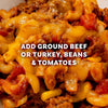 A close-up of a cheesy taco pasta bake, a delicious meal idea using Mccormick Organics Regular Taco Seasoning Mix 1 Oz with ground meat, beans, and tomatoes.