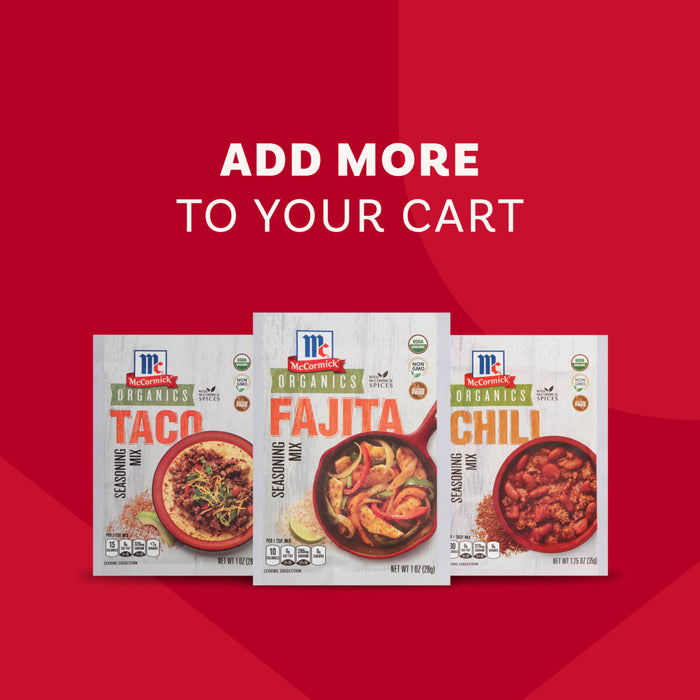 An advertisement shows a packet of Mccormick Organics Regular Fajita Seasoning Mix 1 Oz, flanked by Taco and Chili seasoning mixes, with the text ADD MORE TO YOUR CART above.