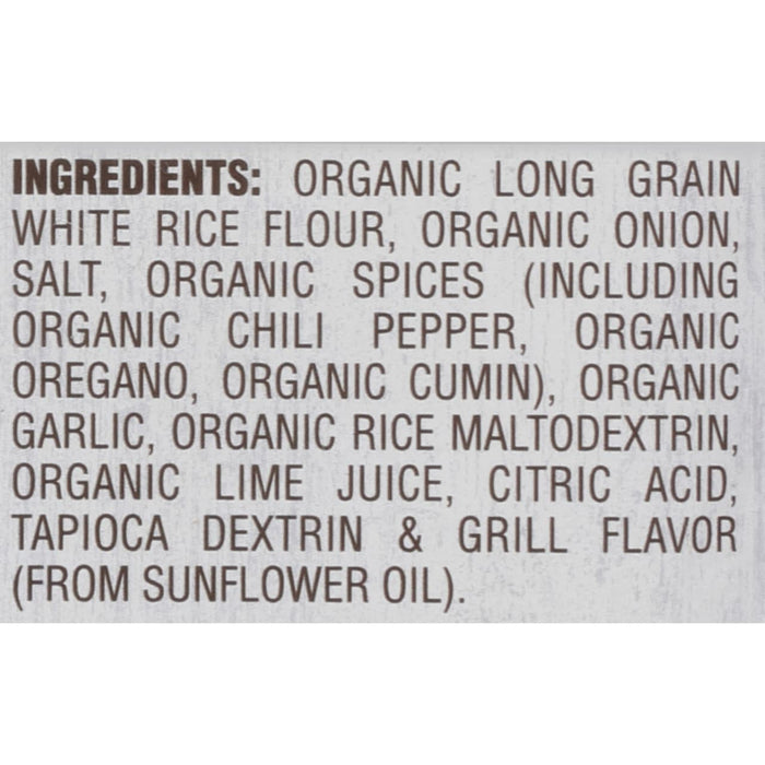 A list of ingredients for a product including organic long grain white rice flour organic onion salt organic spices organic chili pepper organic oregano organic cumin organic garlic organic rice maltodextrin organic lime juice citric acid tapioca dextrin and grill flavor (from sunflower oil).