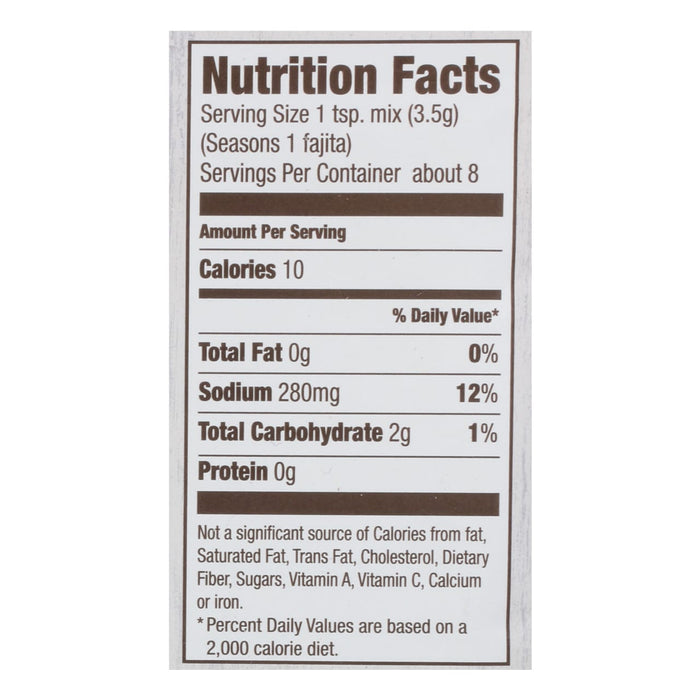 The nutrition facts label for Mccormick Organics Regular Fajita Seasoning Mix 1 Oz, indicating that one serving contains 10 calories, 280mg of sodium, and 2g of total carbohydrates.