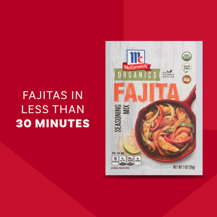 A package of Mccormick Organics Regular Fajita Seasoning Mix 1 Oz is shown against a red background with text that reads, Fajitas in less than 30 minutes, highlighting a quick meal option.