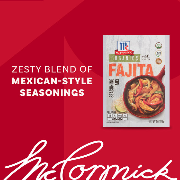 A package of Mccormick Organics Regular Fajita Seasoning Mix 1 Oz is displayed against a red background, with text highlighting its zesty blend of Mexican-style seasonings.