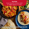 A skillet of chicken fajitas and a prepared fajita on a tortilla demonstrate a delicious meal idea using Mccormick Organics Regular Fajita Seasoning Mix 1 Oz.