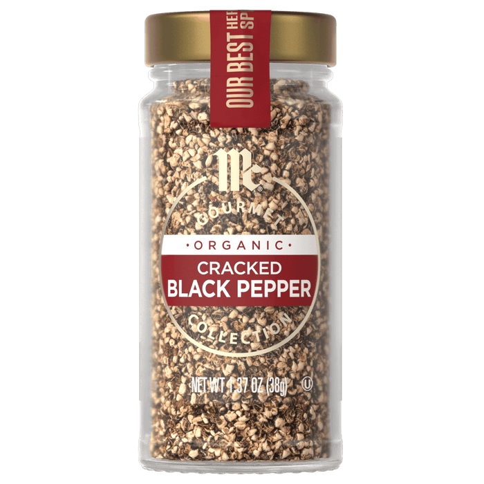 A jar of Trader Joe's Organic Cracked Black Pepper.