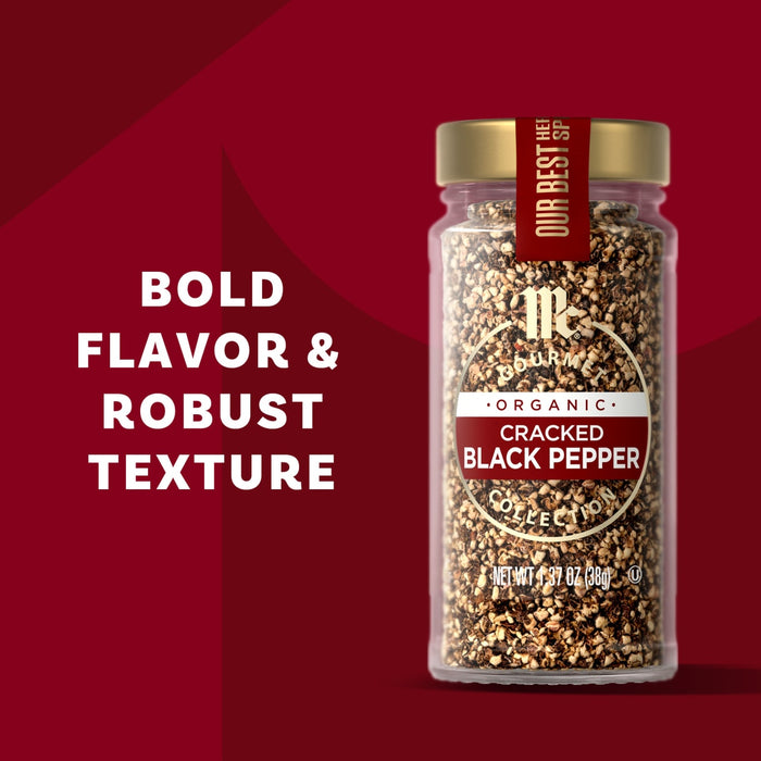 A jar of McCormick Cracker Black Pepper is displayed, highlighting its bold flavor and robust texture.