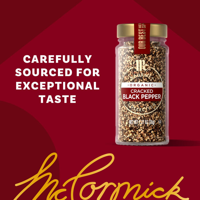 A jar of McCormick Gourmet Black Pepper is displayed with the text Carefully Sourced for Exceptional Taste.