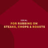 The image displays text on a red background stating Ideal for rubbing on steaks, chops &amp; roasts.