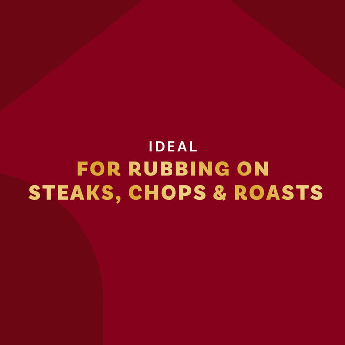 The image displays text on a red background stating Ideal for rubbing on steaks, chops &amp; roasts.