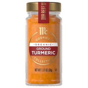 A jar of McCormick Gourmet Organic Ground Turmeric is displayed.