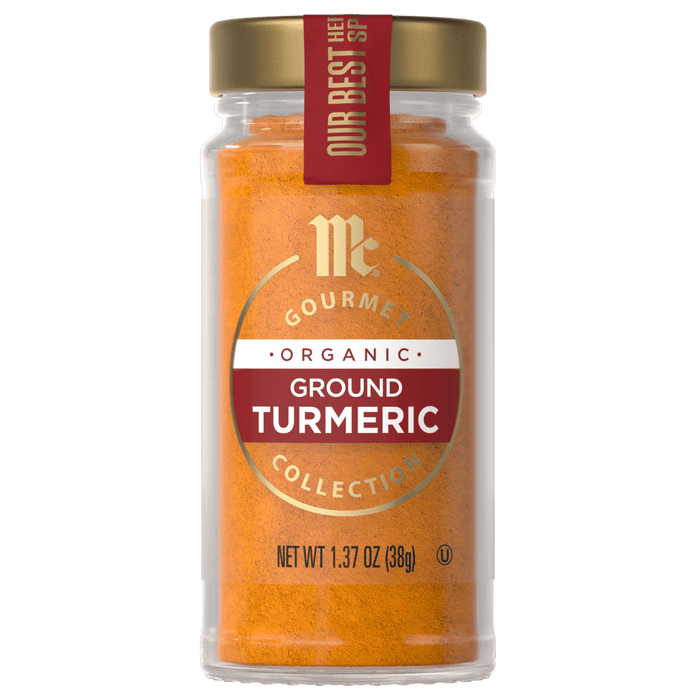 A jar of McCormick Gourmet Organic Ground Turmeric is displayed.
