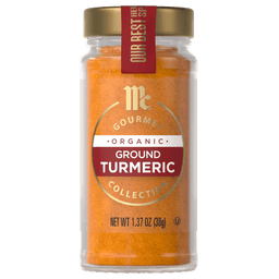 A jar of McCormick Gourmet Organic Ground Turmeric is displayed.