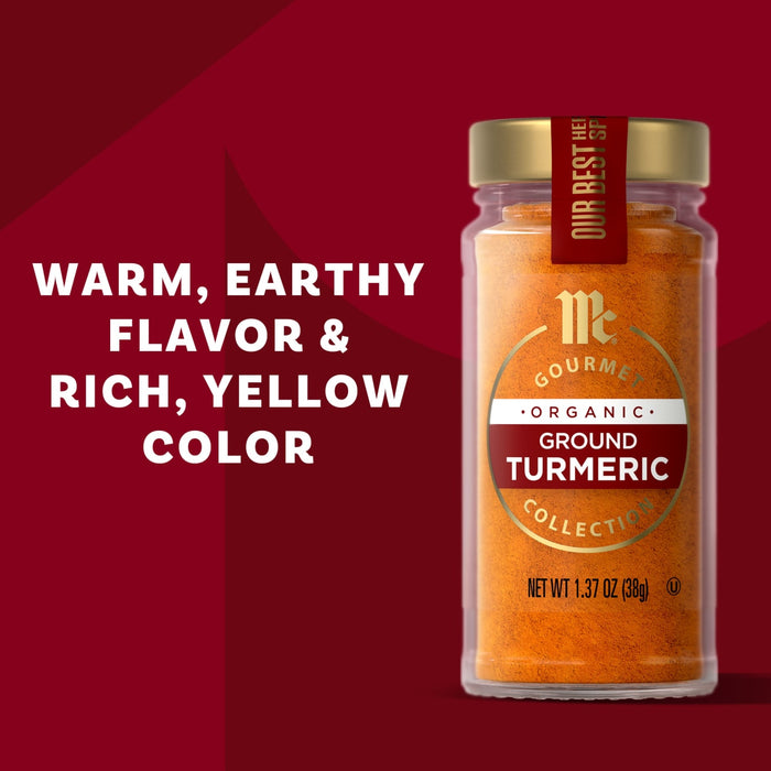 McCormick Ground Turmeric is shown, highlighting its warm, earthy flavor and rich, yellow color.