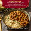 A bowl of McCormick Chana Masala, a hearty North Indian chickpea curry with basmati rice, showcasing its vibrant golden color.
