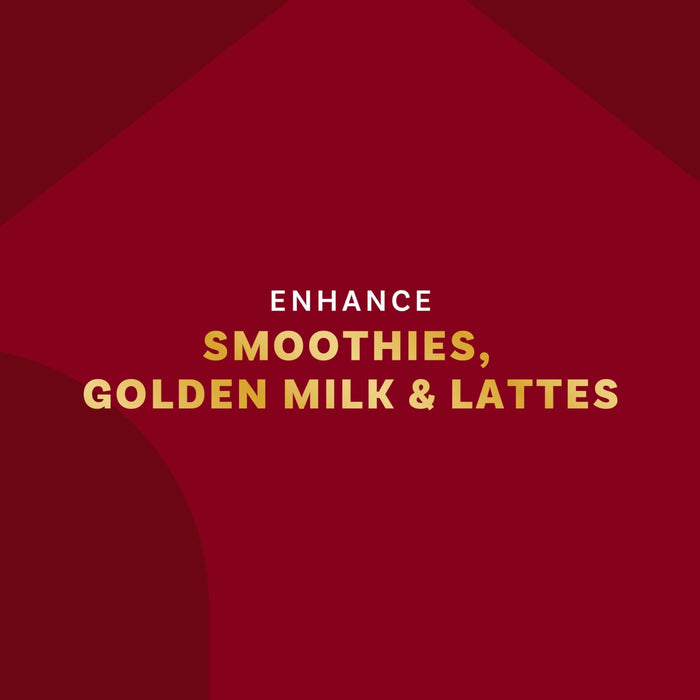 The image promotes enhancing smoothies, golden milk, and lattes.