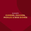 A burgundy background with the text Elevate curries, chicken, pickles &amp; rice dishes.