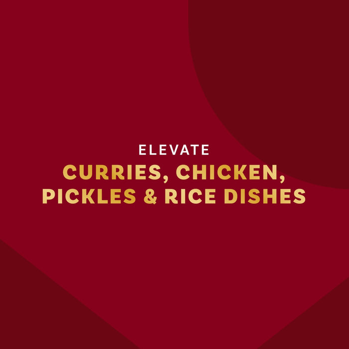 A burgundy background with the text Elevate curries, chicken, pickles &amp; rice dishes.