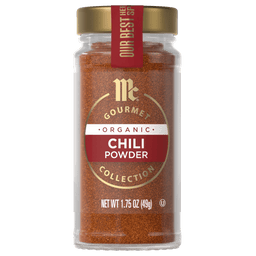 A jar of McCormick Gourmet Organic Chili Powder.