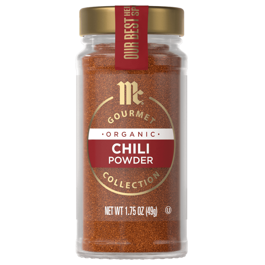 A jar of McCormick Gourmet Organic Chili Powder.
