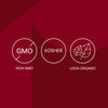 The image displays three certification icons: Non-GMO, Kosher, and USDA Organic.