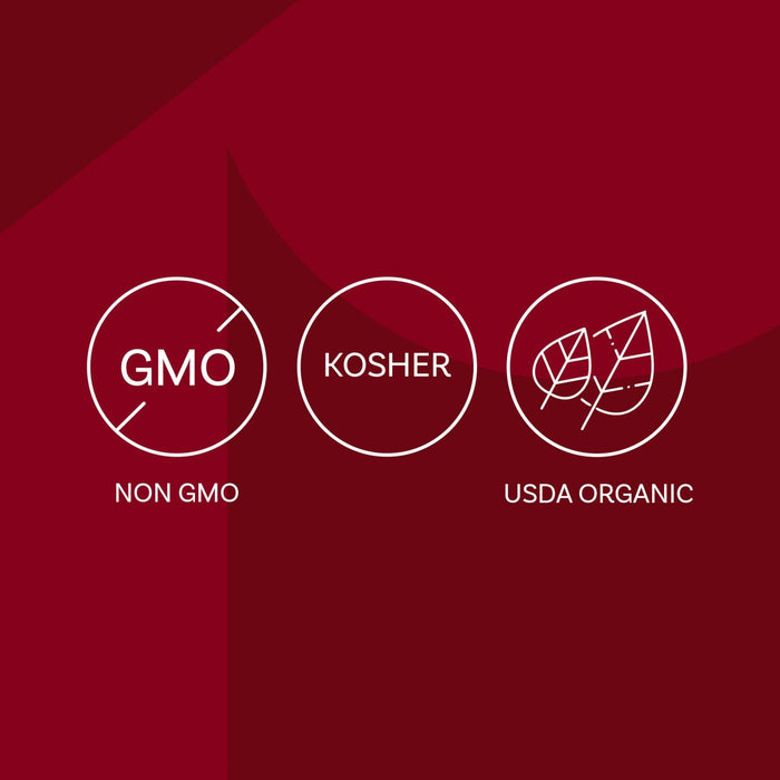The image displays three certification icons: Non-GMO, Kosher, and USDA Organic.
