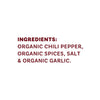 The image lists the ingredients of a product as organic chili pepper, organic spices, salt, and organic garlic.