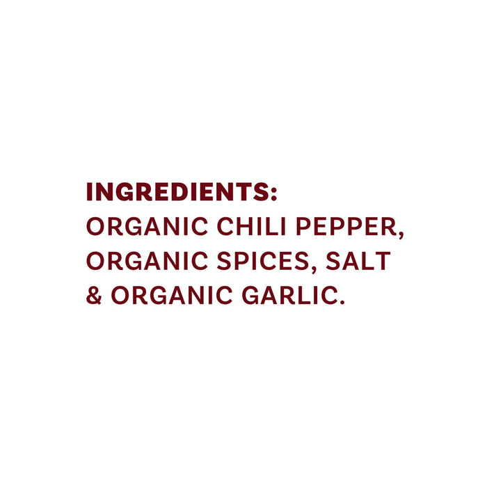 The image lists the ingredients of a product as organic chili pepper, organic spices, salt, and organic garlic.
