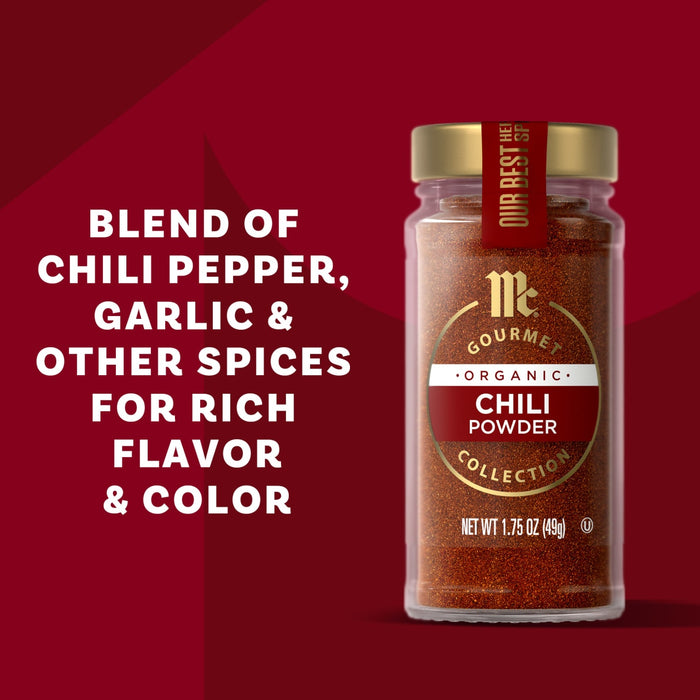 This image shows a jar of McCormick Gourmet Chili Powder, a blend of chili pepper, garlic, and other spices for rich flavor and color.