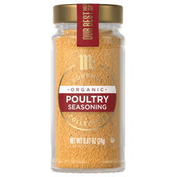 A glass jar of McCormick Gourmet Organic Poultry Seasoning.