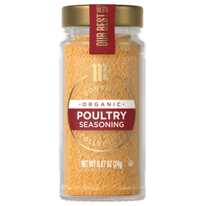 A glass jar of McCormick Gourmet Organic Poultry Seasoning.