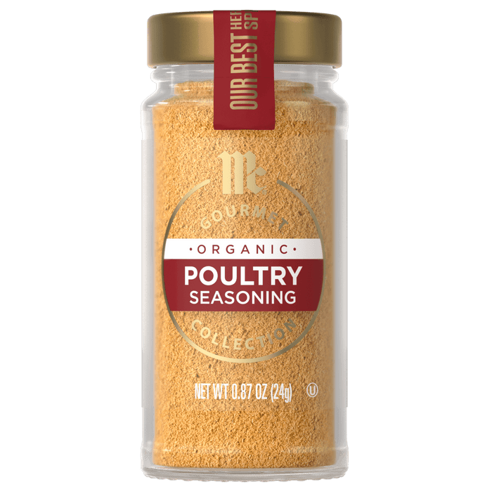A glass jar of McCormick Gourmet Organic Poultry Seasoning.