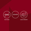 The image displays three icons indicating the product is Non-GMO, Kosher, and USDA Organic.