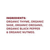 The image shows a list of ingredients: organic thyme, organic sage, organic oregano, organic black pepper, and organic nutmeg.