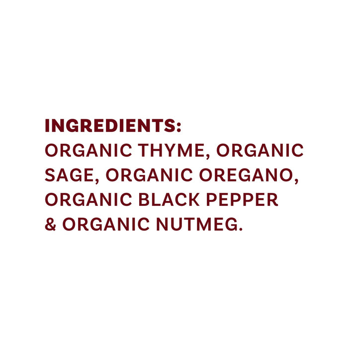 The image shows a list of ingredients: organic thyme, organic sage, organic oregano, organic black pepper, and organic nutmeg.
