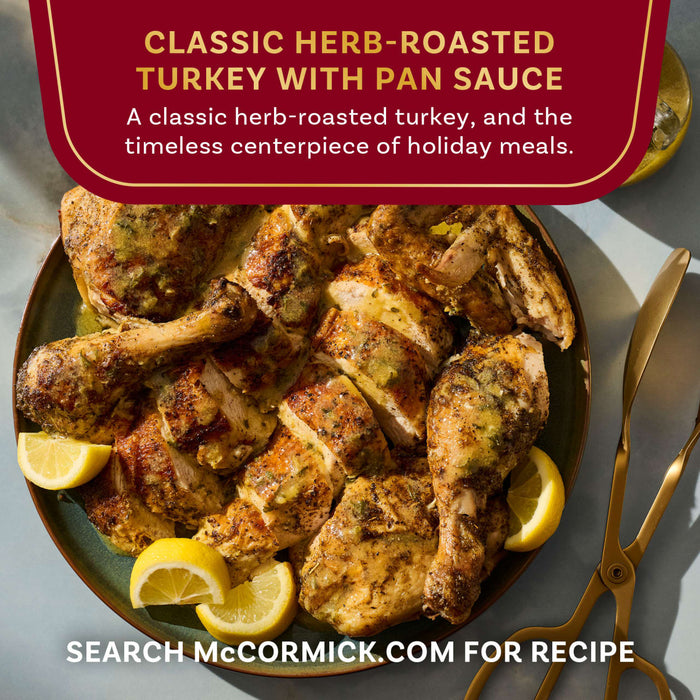 McCormick's classic herb-roasted turkey with pan sauce is a timeless centerpiece of holiday meals.
