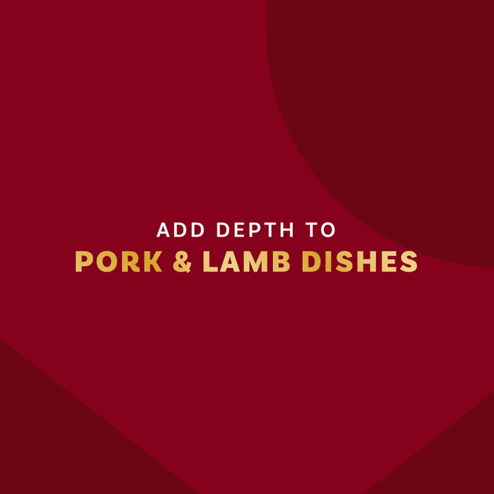 A burgundy background with the text Add depth to pork and lamb dishes in gold letters.