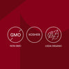 The image displays three certifications: Non-GMO, Kosher, and USDA Organic.