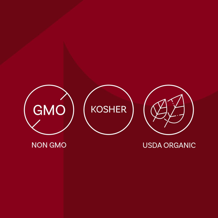 The image displays three certifications: Non-GMO, Kosher, and USDA Organic.