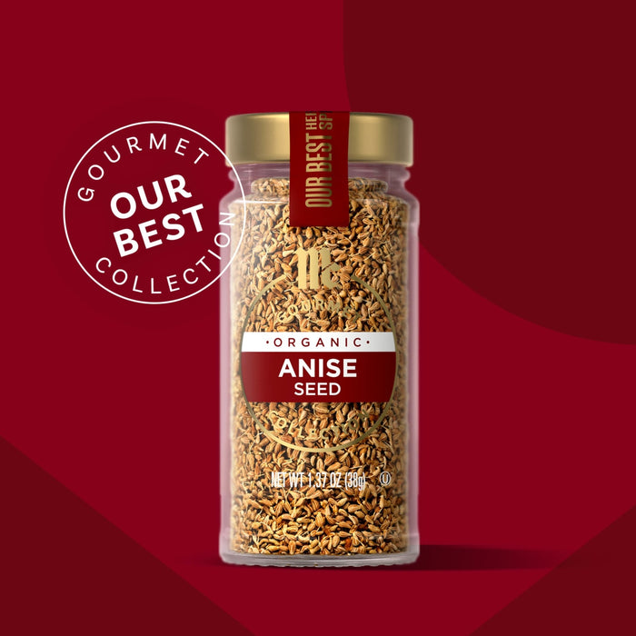 A jar of McCormick Anise Seed, part of the Gourmet Our Best Collection, is displayed against a red background.