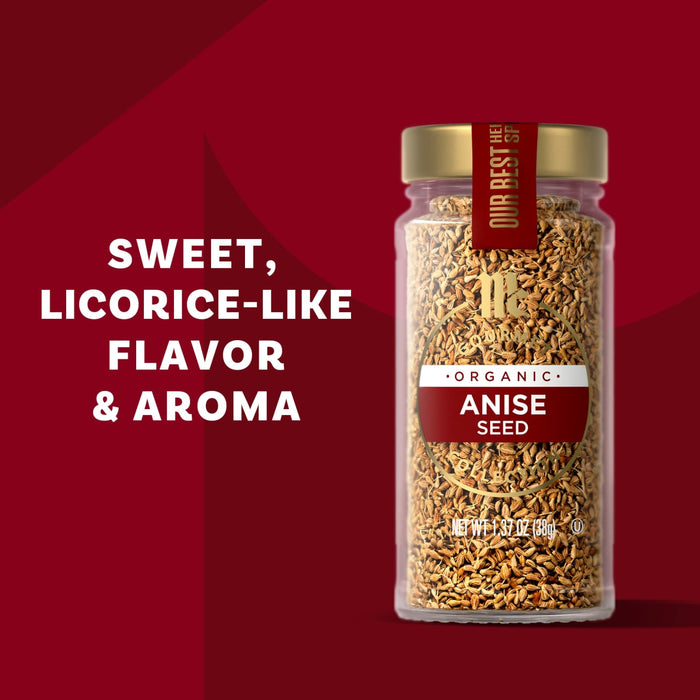 A jar of McCormick Organic Anise Seed is displayed, highlighting its sweet, licorice-like flavor and aroma.