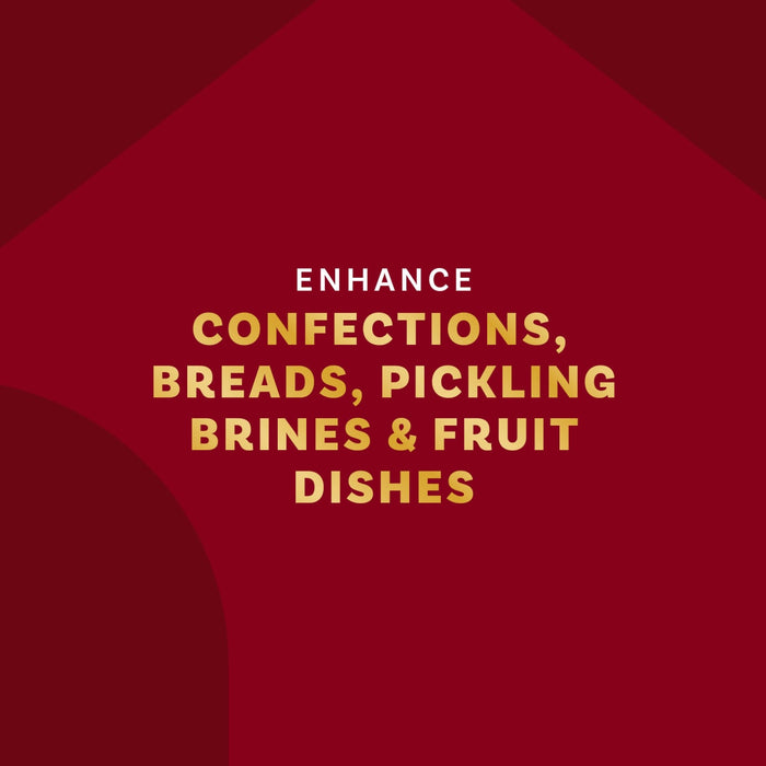 This image promotes the use of a product to enhance confections, breads, pickling, brines, and fruit dishes.