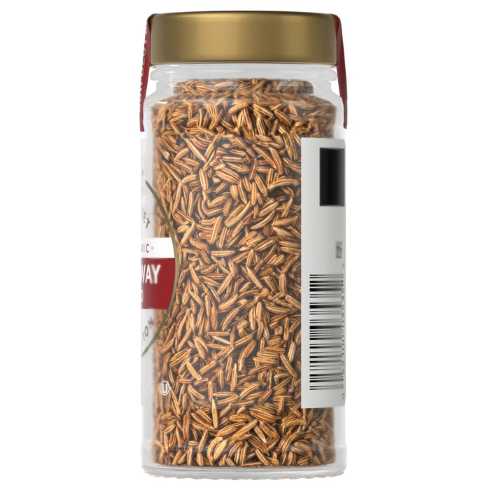 A jar of McCormick Caraway Seed spice is shown, filled with the brown, seed-like spice.