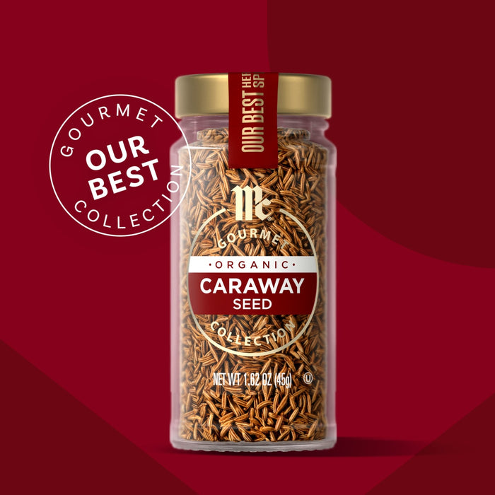 A jar of McCormick Gourmet Organic Caraway Seed is featured as part of their Our Best collection.