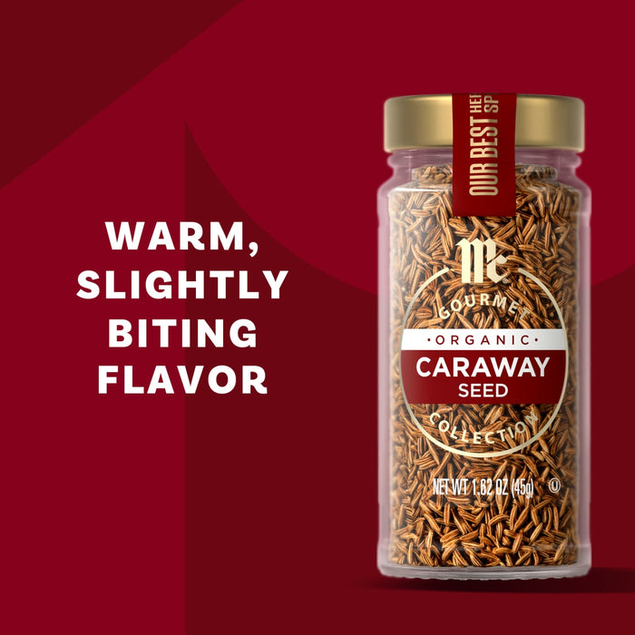 The image showcases McCormick Caraway Seed spice with the description warm, slightly biting flavor.