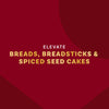 Elevate breads, breadsticks and spiced seed cakes are displayed on a maroon background.