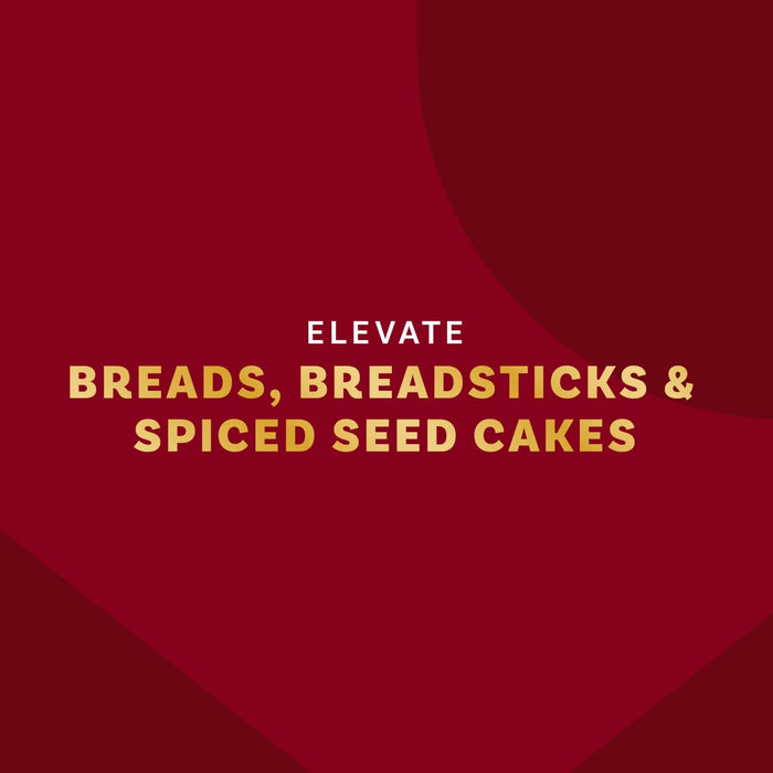 Elevate breads, breadsticks and spiced seed cakes are displayed on a maroon background.