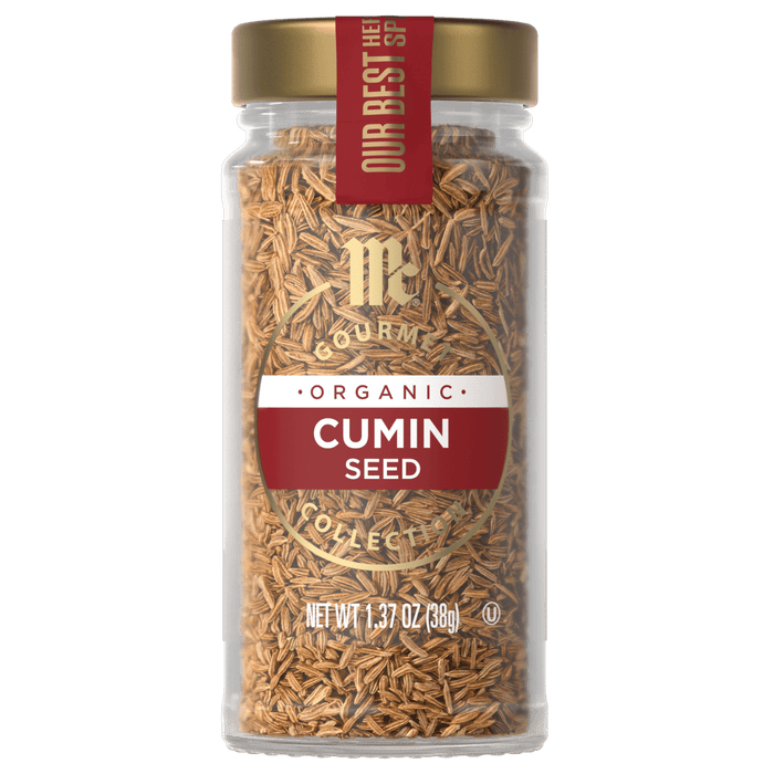A jar of McCormick Gourmet Organic Cumin Seed.