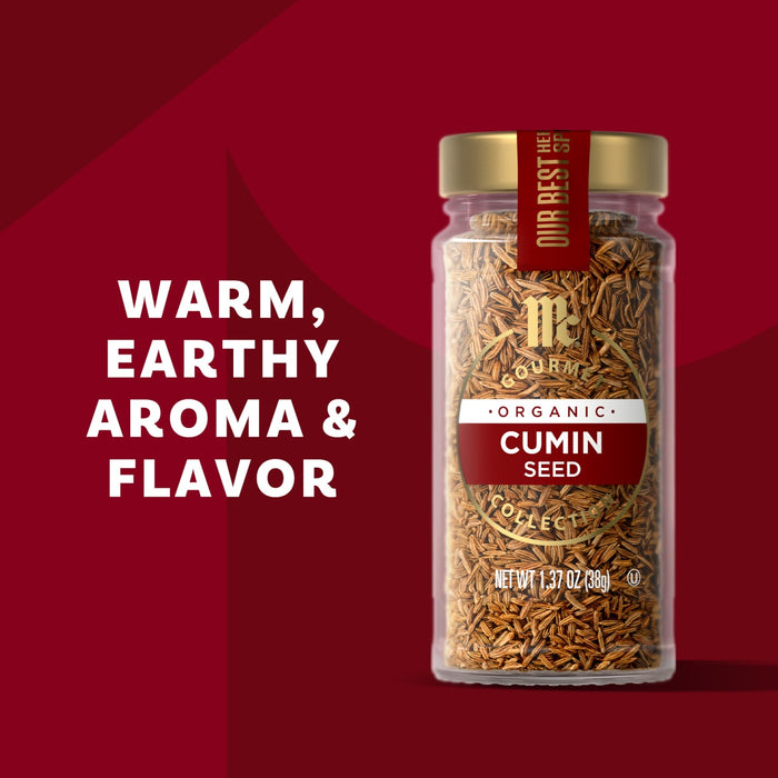 McCormick Gourmet Cumin Seed is shown in a glass jar with a red label, highlighting its warm, earthy aroma and flavor.