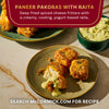 This is a photo of Paneer Pakoras with Raita, deep-fried spiced cheese fritters with a creamy, cooling, yogurt-based raita, from McCormick.