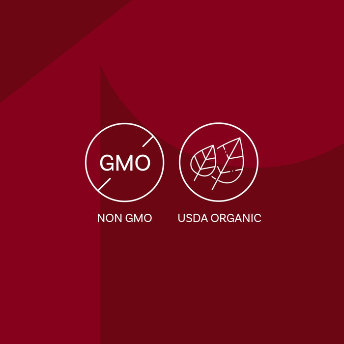 The image displays the Non-GMO and USDA Organic certification logos, indicating the product is both non-genetically modified and certified organic.
