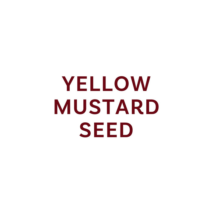 The image displays the text YELLOW MUSTARD SEED in a dark red font.